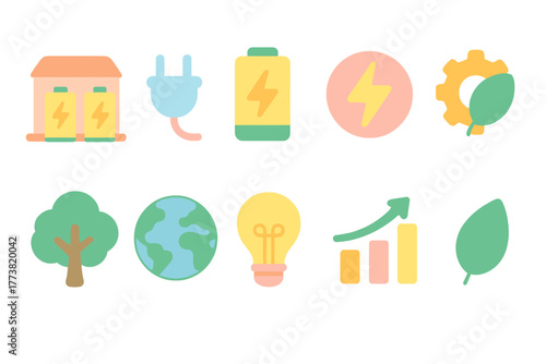 Eco energy and sustainability flat icon set. Renewable power and environment icons