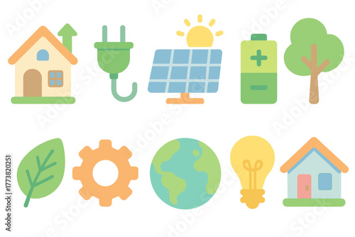 Eco-friendly energy flat icon set. Sustainable environment and renewable resources