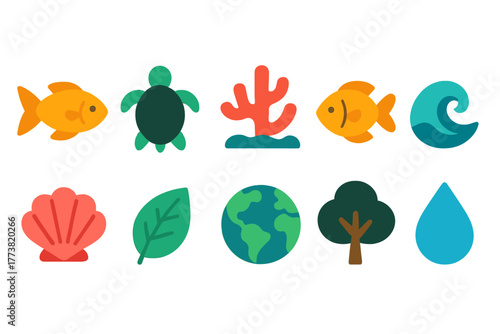 Nature and environment flat icon set. Ecosystem, earth, and wildlife symbols collection