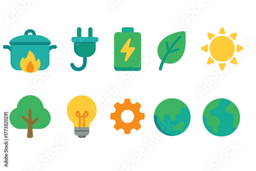Eco-friendly energy flat icon set for sustainable living and green technology
