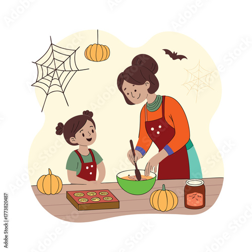 Mother and child cooking food in kitchen, illustration of girl with a bag and basket of fruit