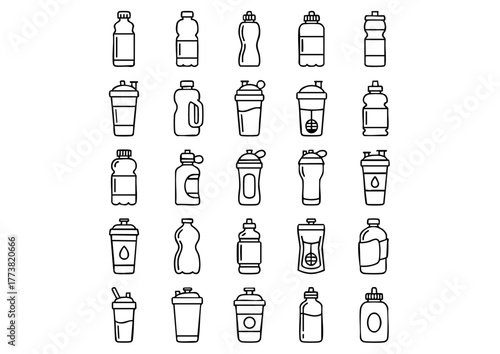 Hydration Icon Set: 25 Vector Bottles, Black and White Water Bottle Line Art Collection, Beverage and Gym Bottle Outline Icons