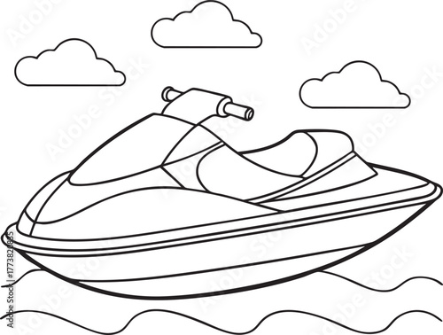 Jet ski illustration with water lines and clouds representing outdoor fun and recreation