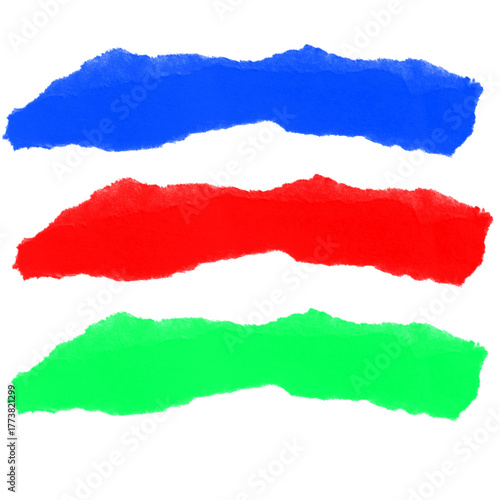 Wallpaper Mural Three horizontal torn paper strips in vibrant blue, red, and green colors on white background Torontodigital.ca