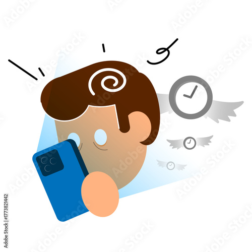 illustration of tired person staring at smartphone with a stressed expression. doomscrolling, phone addiction, wasted time, digital burnout. Concept of excessive screen time or social media addiction