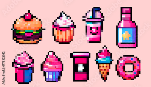 Vector illustration uses pixel art style to show various sweet foods and drinks. The bright pink, blue, and orange tones create a fun, retro, and playful theme with bold geometric shapes.