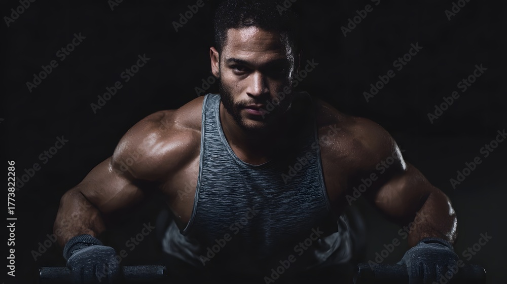 Fototapeta premium Muscular man performing intense push ups in a dark gym showcasing strength and focus