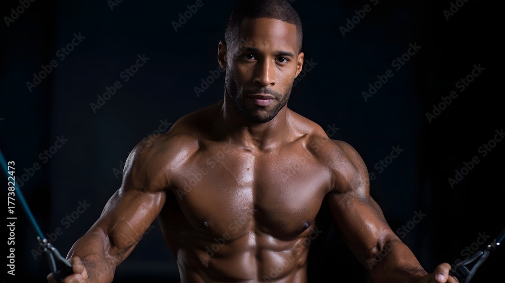 Fototapeta premium Muscular man with defined physique performing cable crossover exercise