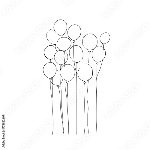 Sketch of a bunch of balloons with strings, a simple monochrome illustration, isolated on a white background