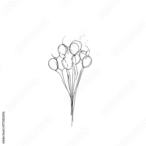 Sketch of a bunch of balloons tied together with thin strings, rendered in black and white on white background