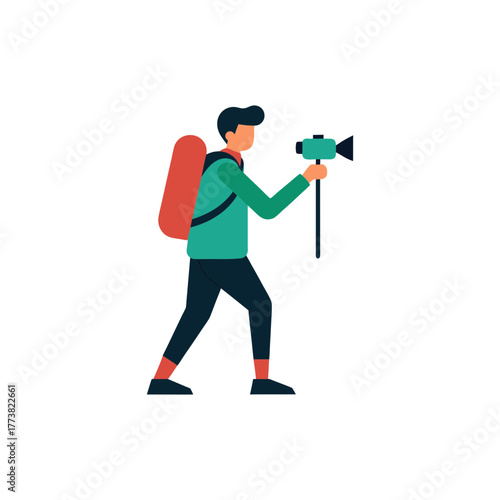 Adventurous hiker captures scenery with camera and trekking pole