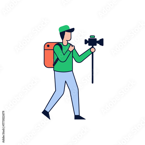 Animated person with backpack and camera on a stick walking