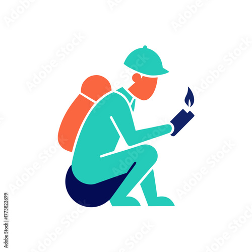 Adventurer with backpack and candle takes notes in the dark