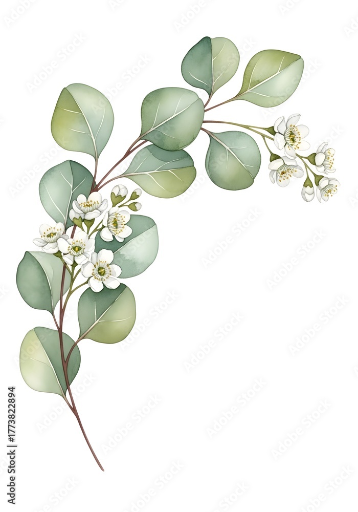 Obraz premium Eucalyptus branch with green leaves and white flowers in detail 