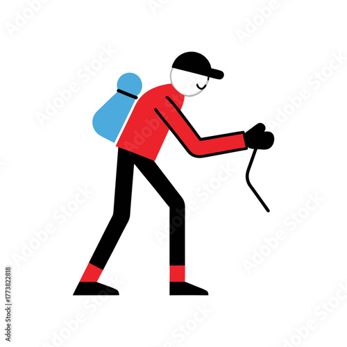 Stylized figure with backpack enjoys a joyful stroll