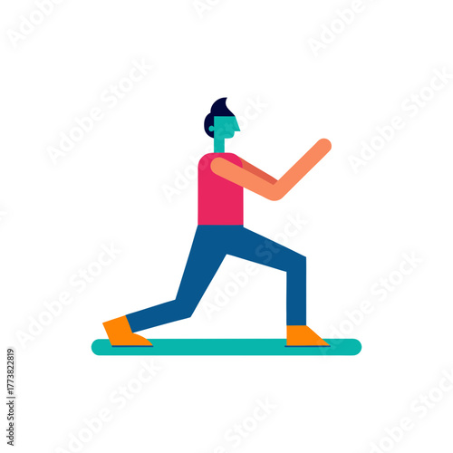 Stylized person performing a dynamic lunge exercise on a teal platform