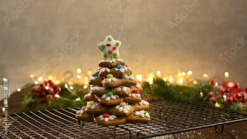Homemade Gingerbread cookies Christmas Trees, decorated with icing and sugar decorations. Christmas cookies for festive recipes