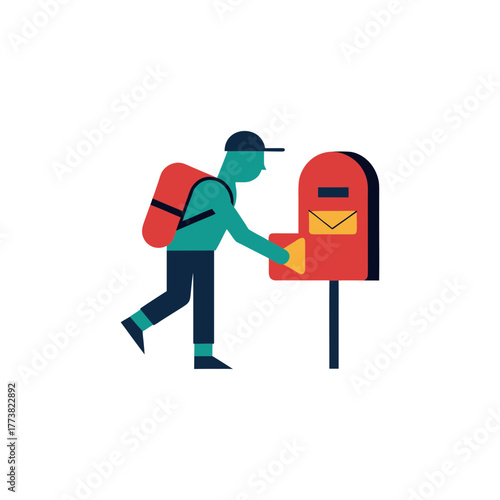 Postman delivering mail to a red mailbox with a backpack