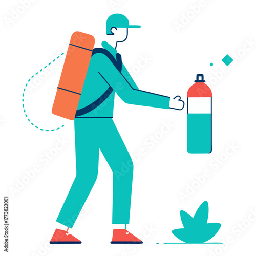 Pest control worker spraying plants with a backpack sprayer and a bottle