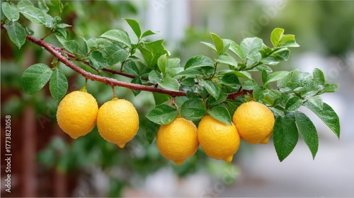 Cluster of Ripe Yellow Lemons Hanging on a Branch with Green Leaves and Water Droplets in Natural Sunlight
