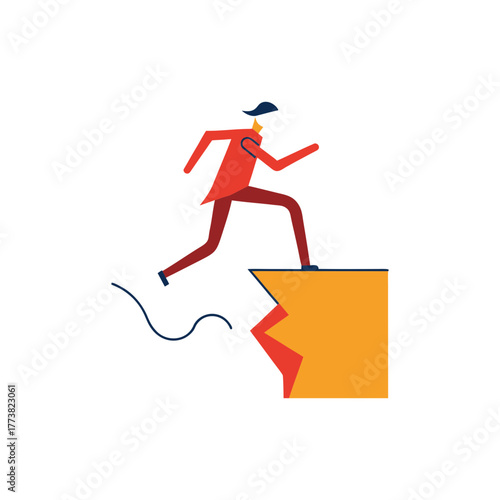 Person leaping across a chasm on a cliff edge symbolizing a leap of faith