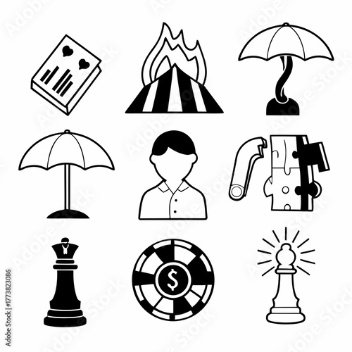 risk management icon set collection in dual tone style. an icon pack contain risk, threat, hazard, impact, control, mitigate, analysis, assess, plan, strategy