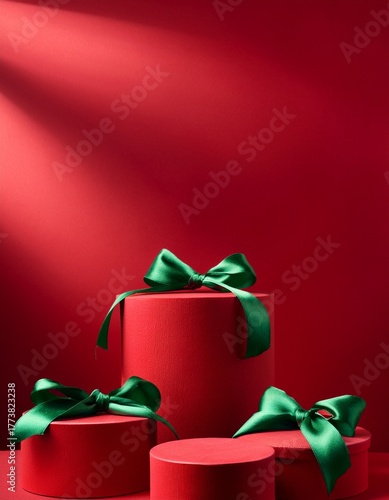Green empty podiums on green background with many red velvet tied bows. Christmas display background. Generated image