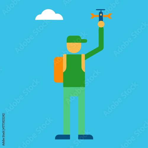 Person with drone and backpack under a cloud on a blue sky background