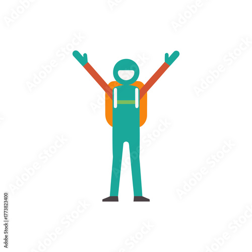 Joyful hiker with backpack celebrating success on black background