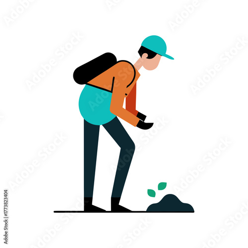 Gardener planting small green sprouts in dark soil with a black background