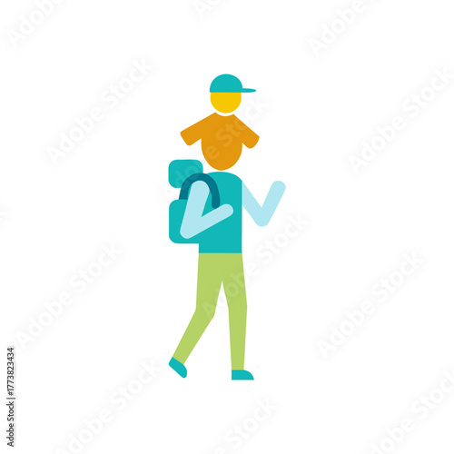 Father carrying child on shoulders with backpack and baseball cap