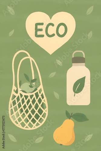 Eco lifestyle illustration with reusable shopping bag, eco water bottle, organic pear and green leaves, promoting sustainability, zero waste and natural living.