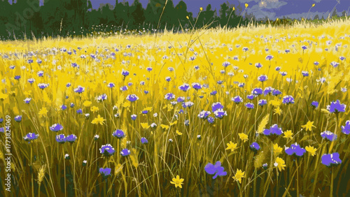 A Peaceful Meadow Grasslands and wildflowers isolated watercolor vector illustration svg