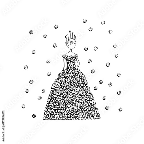 Illustration of a woman in a ball gown surrounded by bubbles and stars in a black and white sketch