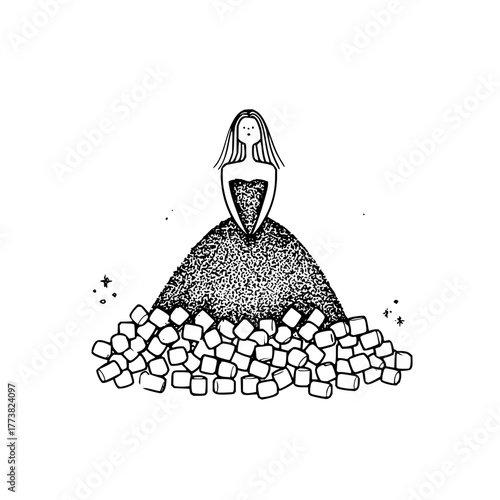 A black and white sketch of a unicorn leaping over crystals in a fantasy landscape illustration