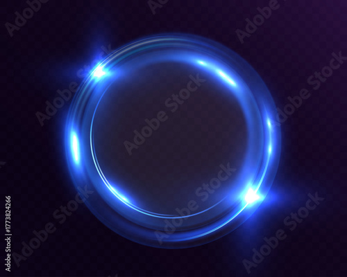Blue glowing circular light ring with lens flare on transparent background, neon round energy frame, abstract luminous circle design element.
