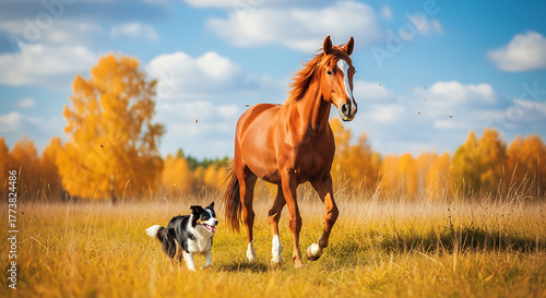 chestnut horse trotting beside a playful Border Collie