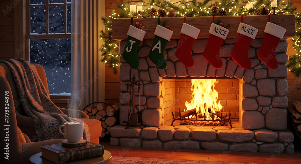 Naklejka premium Cozy Christmas Eve Scene with Warm Fireplace and Stockings