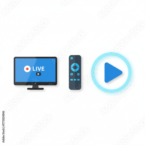 Television broadcasting and live streaming icons featuring a TV, remote, and a play button for modern media
