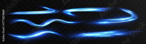 Blue glowing speed light trails set with motion energy effect on transparent background, dynamic futuristic neon lines symbolizing velocity, acceleration, and the speed of light.
