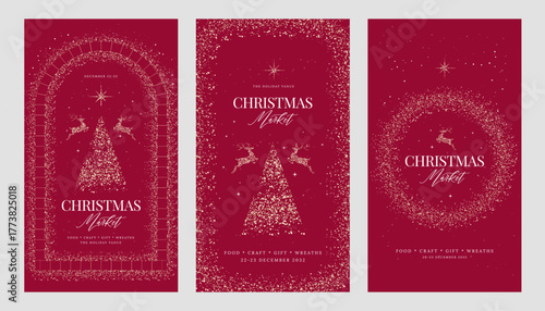 Luxury Christmas Market Flyer and Poster Templates with Gold Glitter Reindeer, Christmas Tree and Elegant Red Background