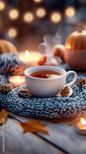 Wallpaper Mural Steaming cup of tea creating cozy autumn atmosphere with candles and pumpkins Torontodigital.ca