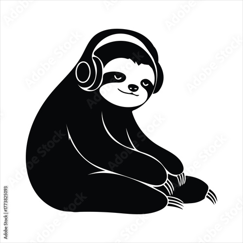 Sloth character sitting peacefully while listening to music through large headphones, isolated monochrome vector illustration of a lazy tropical animal silhouette.