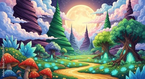 Enchanting fantasy forest landscape with glowing mushrooms and a giant moon