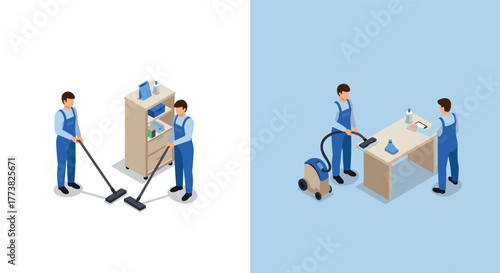 Isometric office cleaning scene with vacuuming and wiping actions in blue uniforms