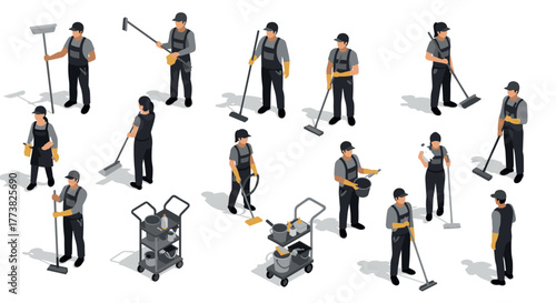 Isometric set of janitorial workers with cleaning equipment and tools
