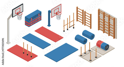 Isometric gym equipment set with basketball hoops and exercise mats