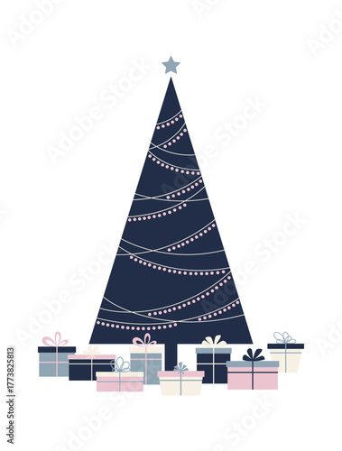 Christmas tree with gifts. Festive winter vector illustration, flat design. Christmas decoration, graphic element for design, postcards, banners, greetings. An elegant colored symbol of Christmas