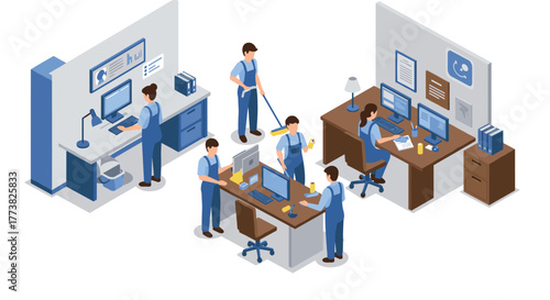 Isometric office scene with workers in blue overalls and modern workstations