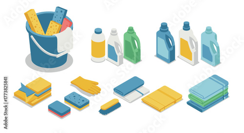 Isometric cleaning supplies collection featuring detergents cloths sponges and gloves